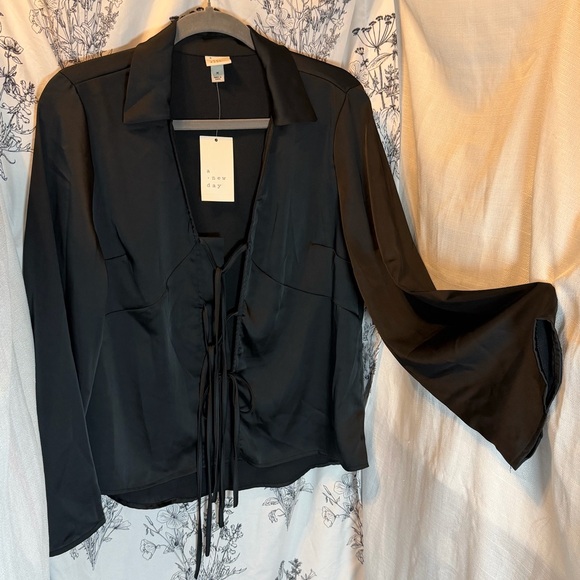 a new day Tops - a new day Black Satin Tie-Front Blouse